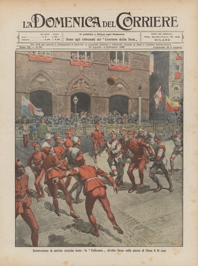 Zmartwychwstanie starożytnych festiwali historycznych, Pallonata, które miałyby się odbyć na placu Sieny na 18 corr autorstwa Achille Beltrame